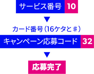 サービス番号10、カード番号（16ケタとシャープ）、キャンペーン応募コード32、応募完了