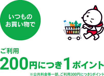 いつものお買い物でご利用100円につき1ポイント ※一部、ご利用300円につき1ポイント