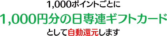 1,000ポイントごとに1,000円分の日専連ギフトカードとして自動還元します