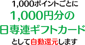 1,000ポイントごとに1,000円分の日専連ギフトカードとして自動還元します